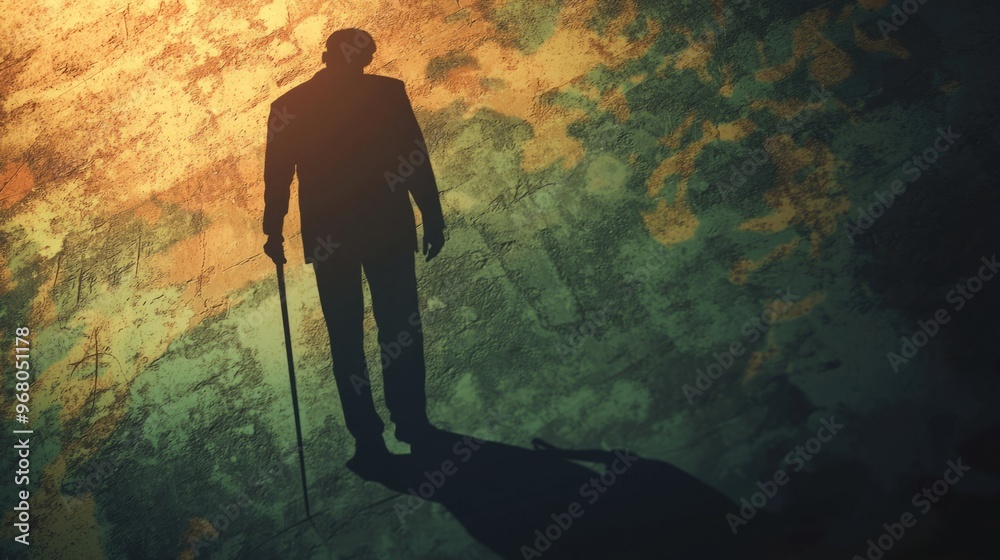 Wall mural Shadow of a Man Walking With a Cane on Textured Wall