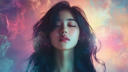 Young woman with long black hair and closed eyes against a pastel background with smoke