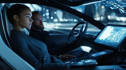 Obraz premium Woman and Man in a Modern Car Interior with Futuristic Technology
