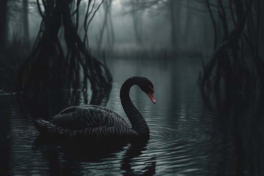 A black swan floating on a pond in an ancient forest with dark trees. A rare beautiful proud lonely bird. Symbol of unpredictable events and sacrifice