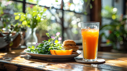 Fototapeta premium A glass of orange juice is on a wooden table with a plate of berries and a piece of toast.