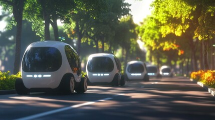 Autonomous Vehicles Driving Through a Tree-Lined Road at Sunset