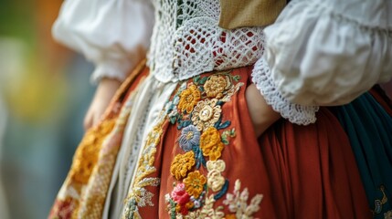 Close-up of a Woman's Embroidered Skirt and Blouse