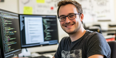 Informatiker sitzt vor Bildschirmen am Arbeitsplatz