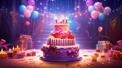 Festive birthday party scene with colorful buttercream cake, lit candles, balloons, and sprinkles in a bright celebration setup


