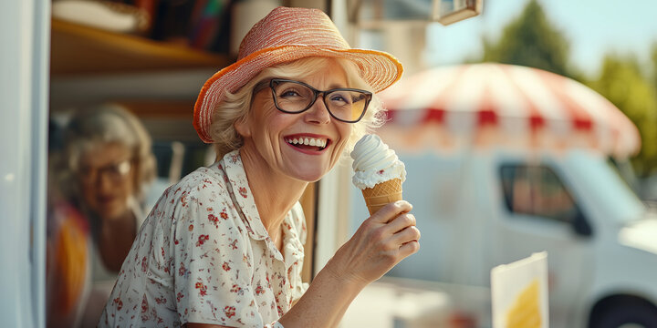 Seniorin auf dem Campingplatz ist ein Eis