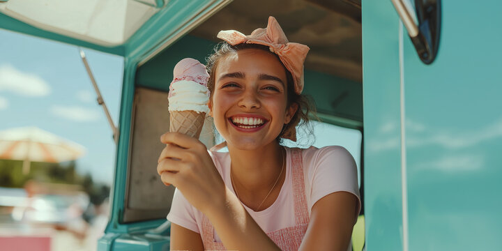 L&auml;chelnde Eisverk&auml;uferin im Eiswagen im Sommer