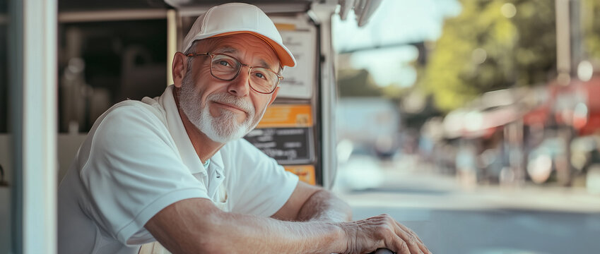 Sympathischer Verk&auml;ufer steht im Foodtruck