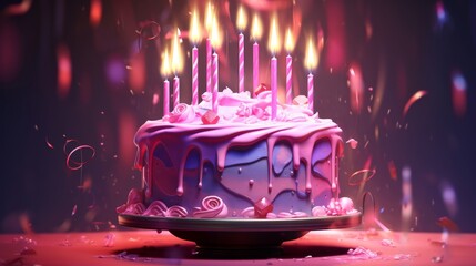 Realistic 3d render of a pink birthday cake with candles, digital illustration, and cg artwork for celebrations and special occasions


