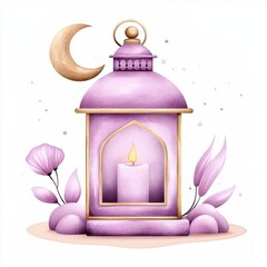 A single cute vintage lantern with intricate patterns and a cheerful expression, watercolor illustration, clipart, isolated on pure white background