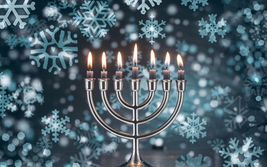 Fototapeta premium Hanukkah Candles in a Window with Snow Falling Outside