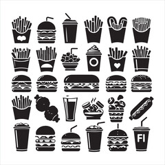 Fast food set icons silhouette on white background