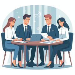 Partners meeting for business discussion with documents and laptop on desk. Couple at round table, speaking, discussing work, partnership. Flat vector illustration isolated on white background