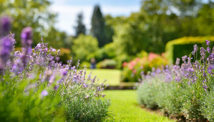 Naklejka premium Kwitnący ogród z lawendą