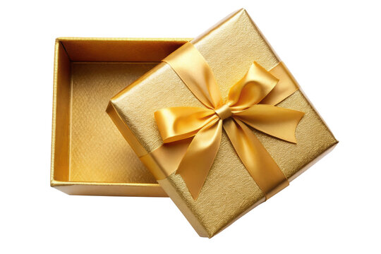 Golden gift box with a satin ribbon bow, featuring a shiny surface and open lid, ideal for holiday or celebration gift packaging. Isolated on transparent background, png.