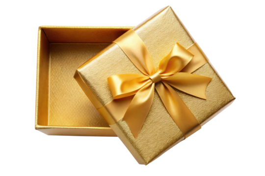 Golden gift box with a satin ribbon bow, featuring a shiny surface and open lid, ideal for holiday or celebration gift packaging. Isolated on transparent background, png.