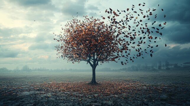 Lonely Tree in a Foggy Field with Falling Autumn Leaves