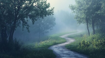 Fototapeta premium Misty Forest Path Winding Through Green Trees