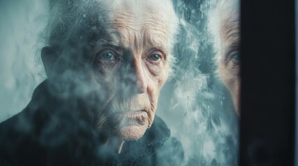 Elderly Woman Looking Through Frosted Window Old Age Sadness Loneliness Reflection