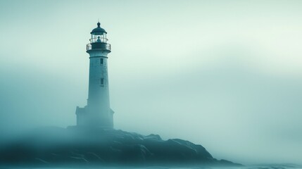 Lighthouse in Fog  Coastal Landscape  Dramatic Sea Mist  Nautical Architecture