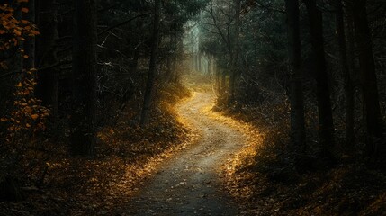Fototapeta premium Path Through Dark Forest with Golden Sunlight