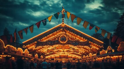 Illuminated Festive Market Stall with Crowd Under Twilight Sky