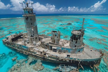 Naklejka premium Aerial View Of A Shipwreck On A Shallow Coral Reef In The Tropical Waters of The Pacific