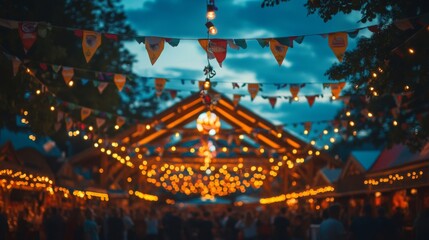 Blurred Night Market with Festive String Lights and Flags
