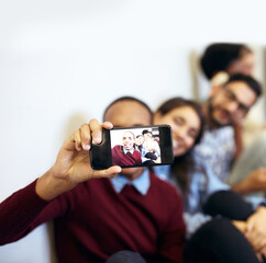 Hands, phone screen and students for selfie, smile or funny face with diversity for photography at college. Men, women and friends for profile picture, education or memory on floor for social media