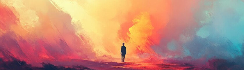Obraz premium A Solitary Figure Standing Amidst Vibrant Abstract Landscape