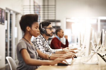 Computer, group and students at library for research, knowledge and test results in college. University learning, diversity and internet for education, scholarship project and online exam report