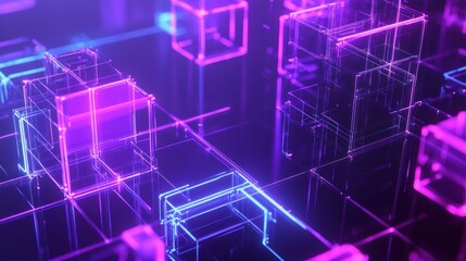 Abstract Neon Cubes in a Digital Landscape