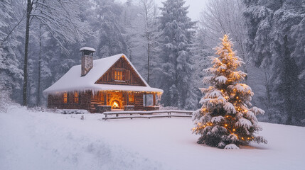 Christmas Snow, tree, house, snowfall, winter, HD wallpaper, copy space