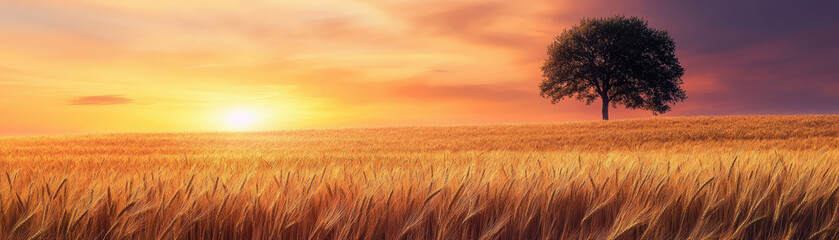 Obraz premium Lone Tree in a Wheat Field at Sunset with Vibrant Sky