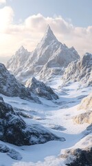 Naklejka premium Snowy mountains surrounded by rocks, with some snow on the peaks and rocks covered in a white powder