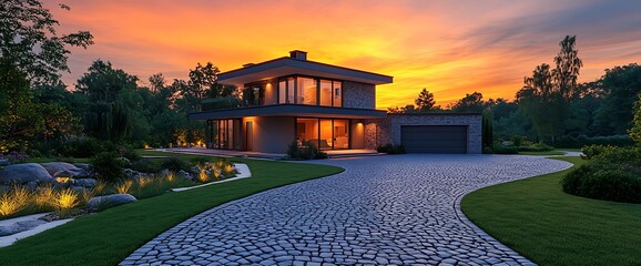 Modern house with a paved driveway, lit by sunset, and green trees around.