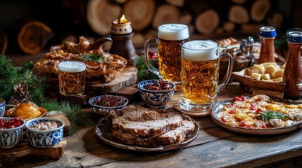 Rustic Table Setting with Beer, Bread, and Appetizers