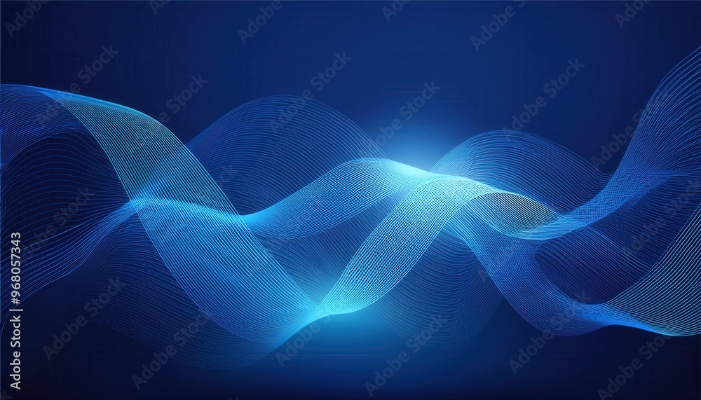 Poster Abstract Digital Waveform. Glowing Blue Light Strands on a Dark Background, Symbolizing Data Flow, Technology, and Connectivity in a Futuristic, Dynamic Visualization Networked Energy and Information