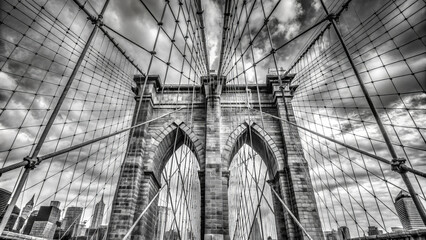 Fototapeta premium Brooklyn Bridge stands majestically in this close up shot, showcasing its intricate architecture and iconic cables against dramatic sky. image captures essence of New York City