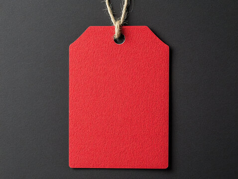 A plain red tag with a textured surface and twine, perfect for price labeling or gift tagging on a dark background.