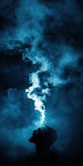 A silhouette of a person with blue smoke rising from the head, conveying a sense of creativity and inspiration in a mystical atmosphere.