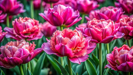 Obraz premium Blooming flowerbeds of amazing pink peonies create vibrant and lively atmosphere, showcasing natures beauty and elegance. lush green leaves complement stunning pink hues