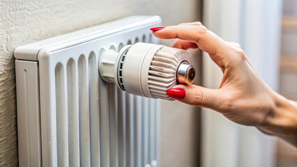 A close up of female hand adjusting central heating thermostat, showcasing intricate details of control. image conveys sense of warmth and comfort in cozy environment