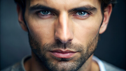 Fototapeta premium Close up shot of mans face, showcasing intense blue eyes and strong jawline, conveying sense of confidence and depth