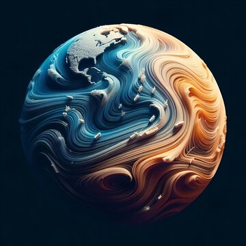 An artistic rendering of the Coriolis effect. This physical phenomenon is shown through the image of Earth viewed from space. 