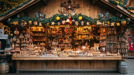 Fototapeta premium Christmas Market Stall with Wooden Decorations and Goods