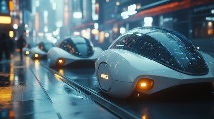 Fototapeta premium Futuristic Autonomous Vehicles Driving Through A Neon Lit City