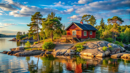 A beautiful red Finnish wooden log cabin sits on rocky island surrounded by calm waters and lush greenery, reflecting serene landscape under vibrant sky