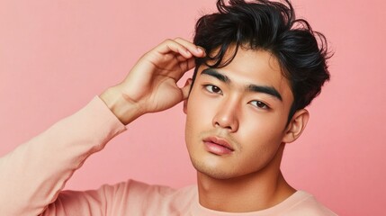 Fototapeta premium Close-up Portrait of a Young Man with Black Hair and a Pink Shirt