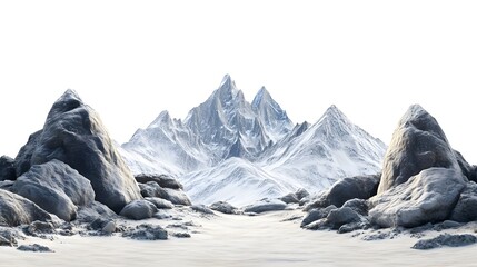 Snowy mountains surrounded by rocks, with some snow on the peaks and rocks covered in a white powder